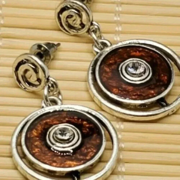 Mid Century Style Silver Brown Enamel Crystal Rhinestone Dangle Earrings - Picture 1 of 3